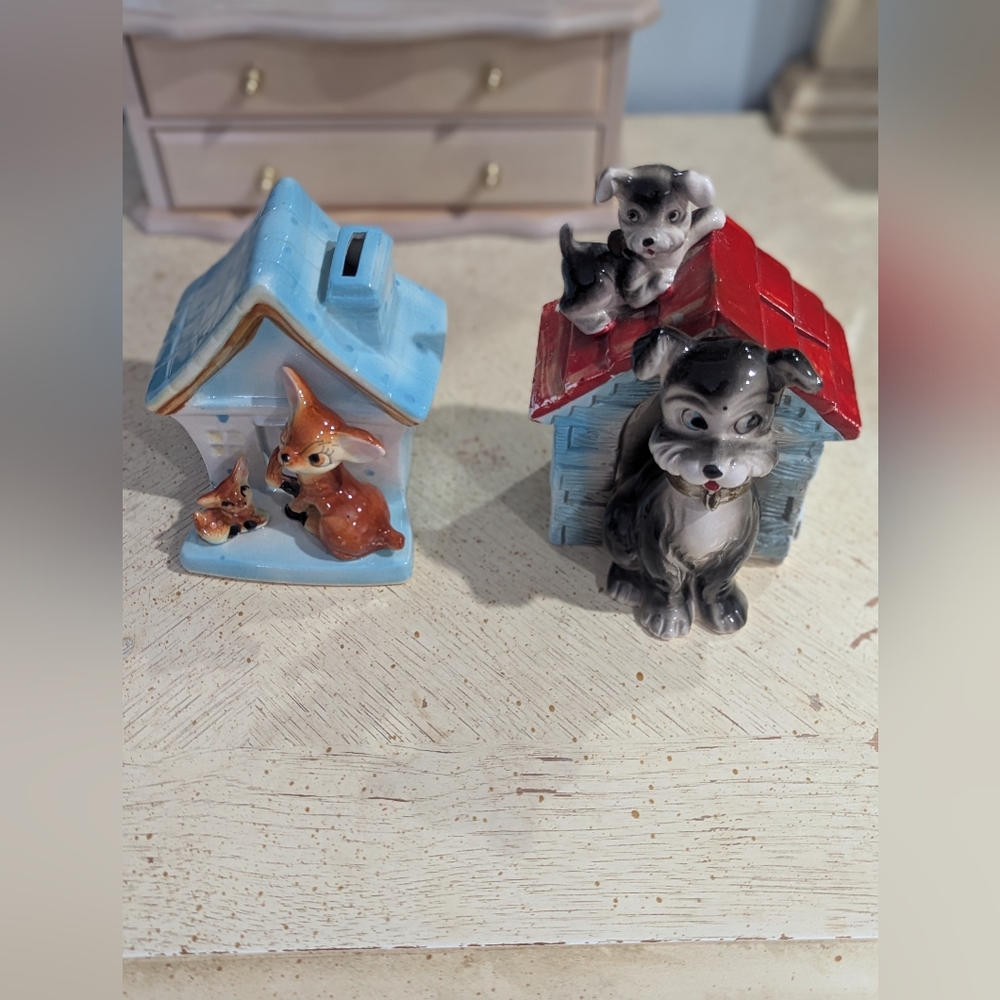 Ceramic Dog House Figurine Set - Blue and Red
